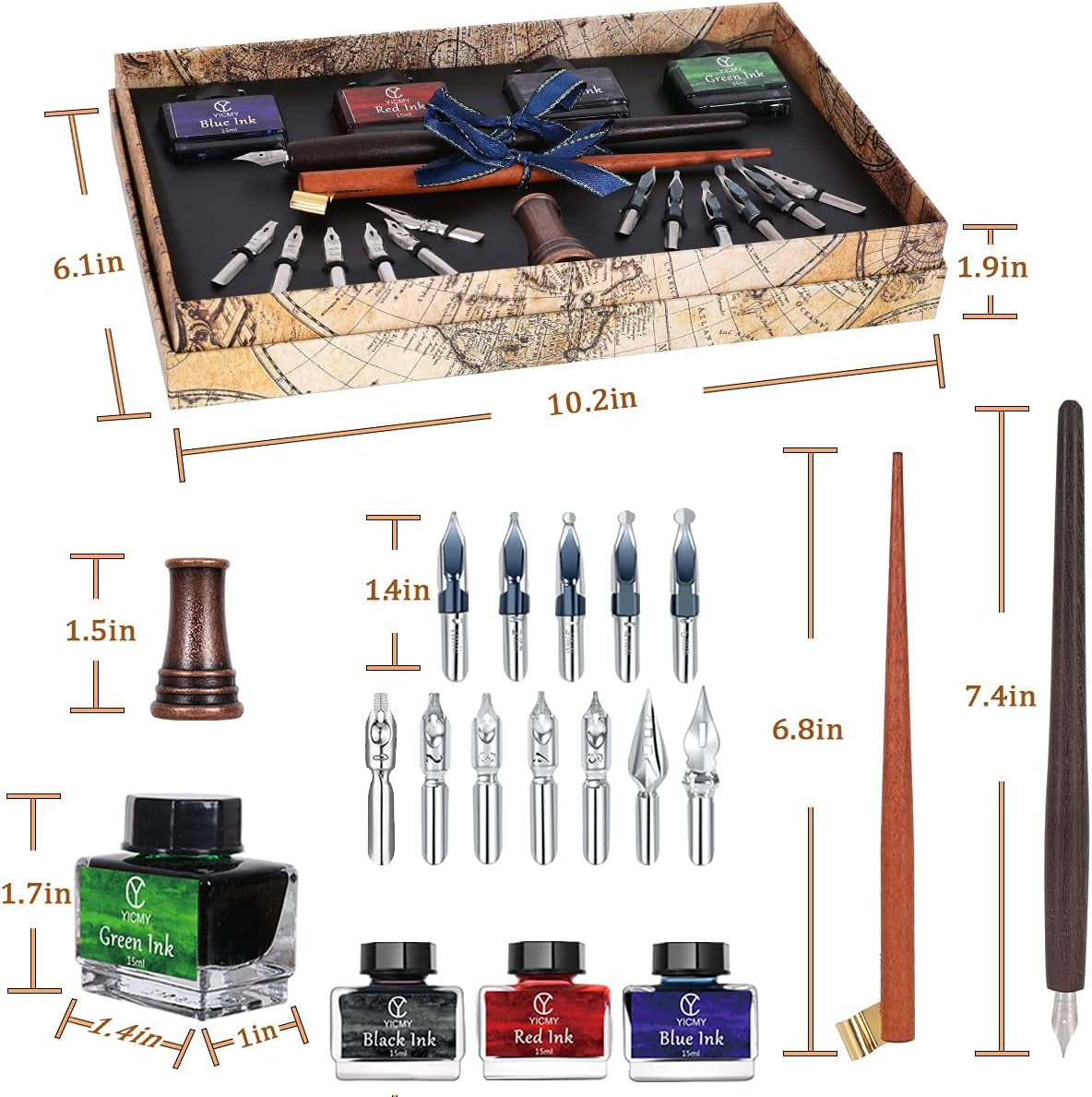 Calligraphy Pen Set,Calligraphy Set for Beginners Includes Oblique Pen Wooden Calligraphy Pen 12 Pen Nibs & 4 Different Color Inks Dip Pen Set Fountain Pen Set Retro Gift
