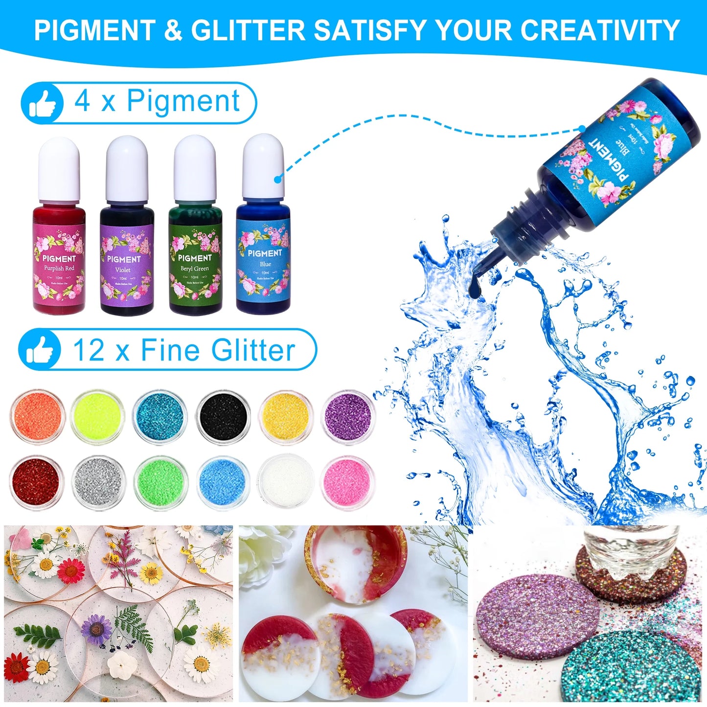 Epoxy Resin 16Oz Resin Kit with Resin Coaster Molds and Holder, Resin Pigment, Guiltter, Gold Flakes