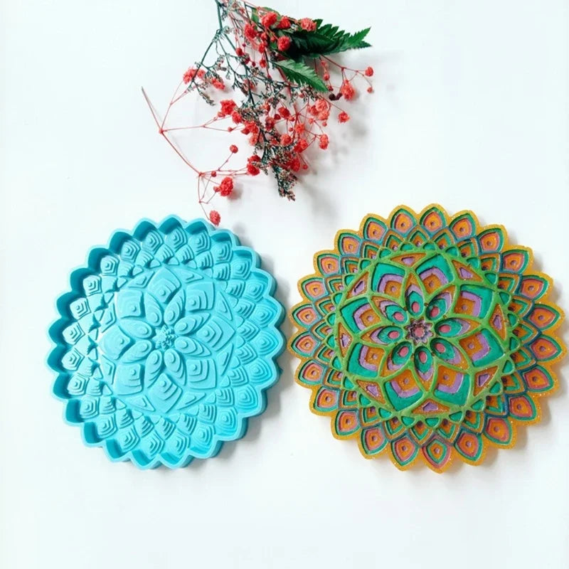 Mandala Epoxy Resin Mold round Tray Cup Mat Casting Silicone Mould DIY Crafts Home Decoration Making Tool Moldes