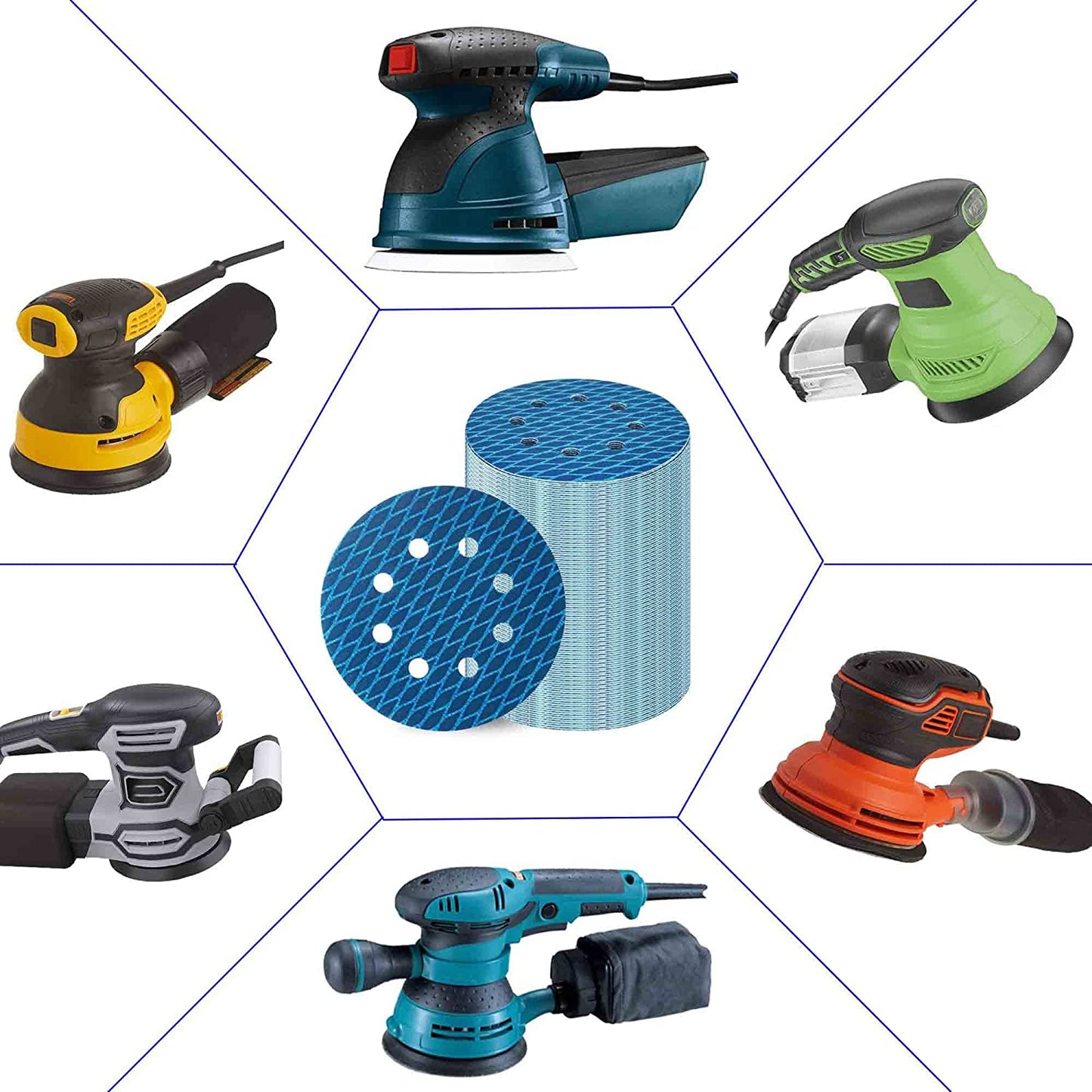 Orbital Sander Sandpaper 5 Inch 8 Hole Sanding Disc Hook and Loop Pads Sand Paper 320 Grit for Wood Metal 70 PCS Blue Aluminum Oxide anti Blocking Rhombus Sanding Discs
