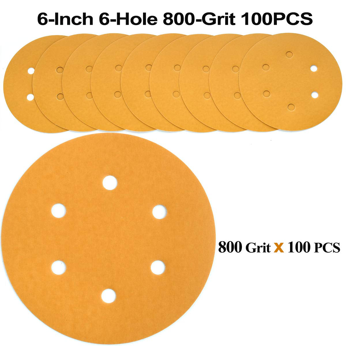 6-Inch 6-Hole Hook and Loop Sanding Discs 800-Grit, Random Orbital Sandpaper for Automotive and Woodworking, 100-Pack