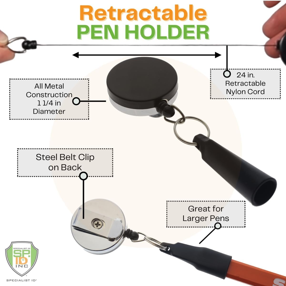 2 Pack - Heavy Duty Retractable Pull Pen Holder - Ideal for Markers & Carpenter Pencils - Thick Nylon Cable, Self Retracting Reel & Tight Metal Belt Clip by Reel-N-Rite