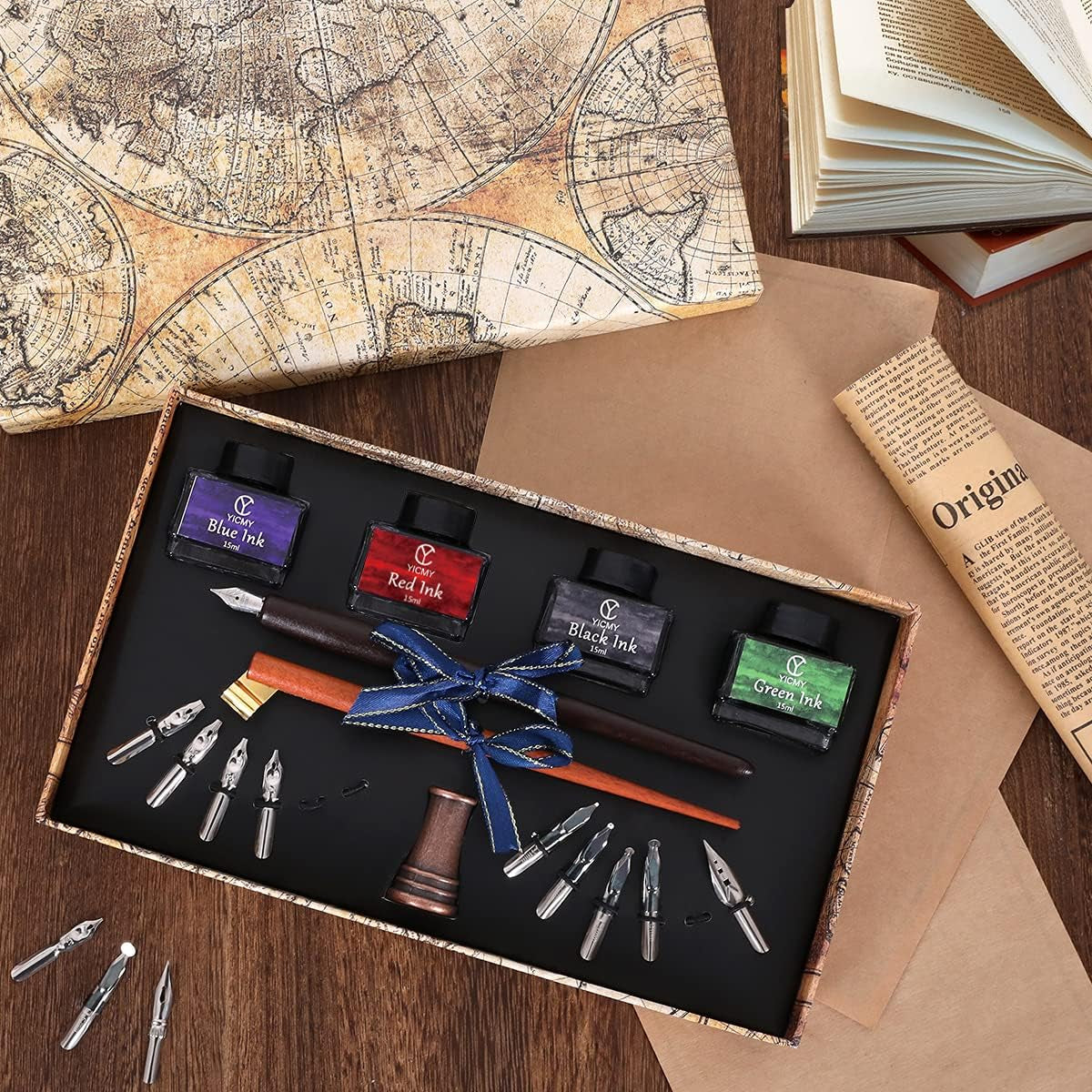 Calligraphy Pen Set,Calligraphy Set for Beginners Includes Oblique Pen Wooden Calligraphy Pen 12 Pen Nibs & 4 Different Color Inks Dip Pen Set Fountain Pen Set Retro Gift