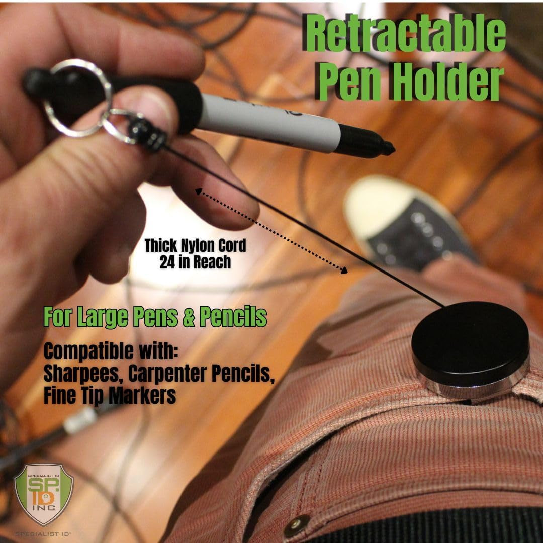 2 Pack - Heavy Duty Retractable Pull Pen Holder - Ideal for Markers & Carpenter Pencils - Thick Nylon Cable, Self Retracting Reel & Tight Metal Belt Clip by Reel-N-Rite