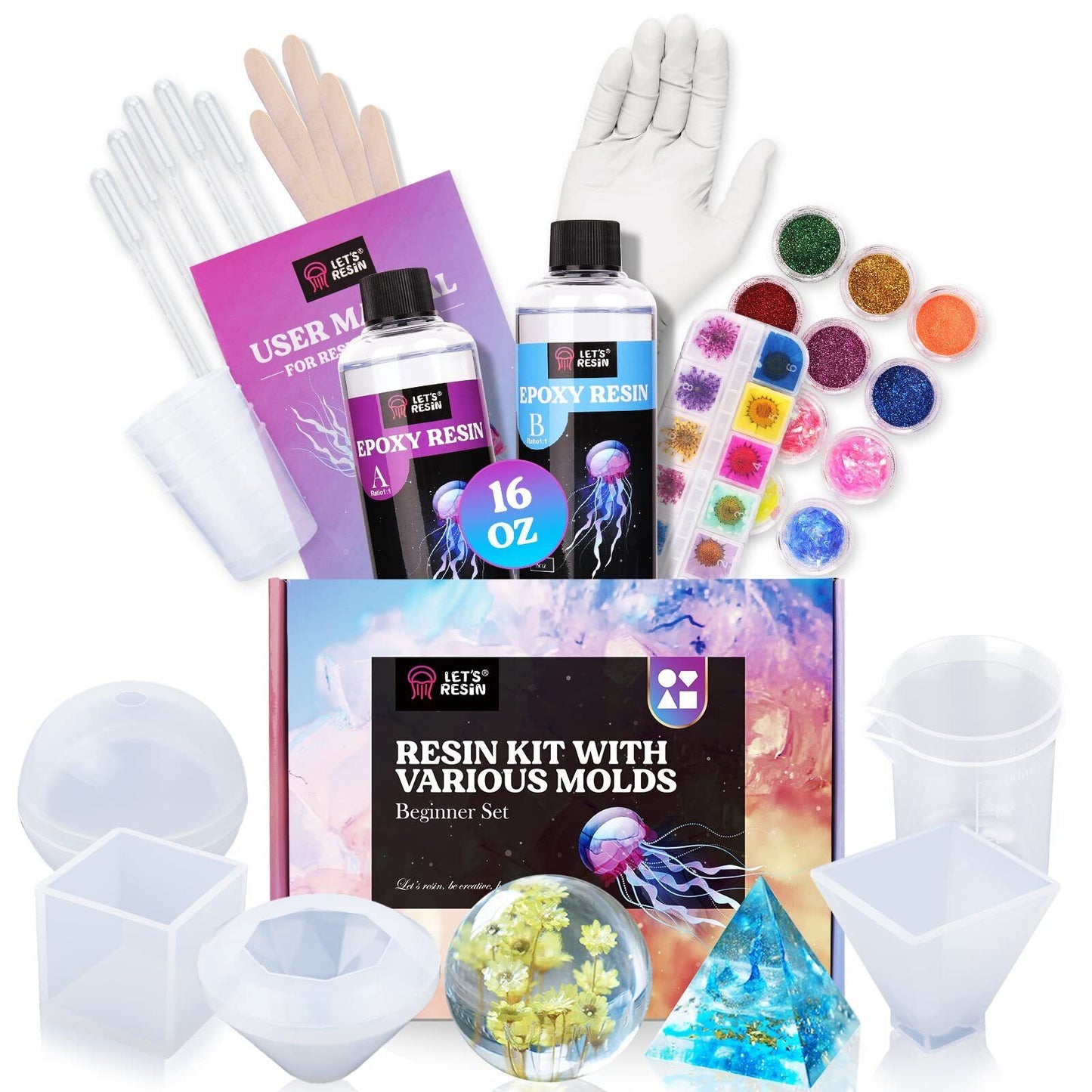 LET’S Resin 16OZ Resin Molds Silicone Kit Complete Set Bundle with Sphere, Py...