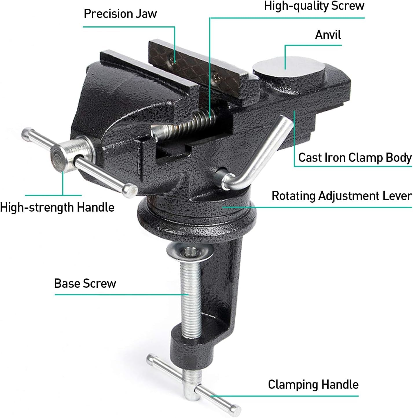 Universal 3 Inch Table Vise, 360° Rotating Swivel Base Bench Vise Heavy Duty Woodworking Clamps Home Vise Clamp-On Vise Movable Work Bench Vise for Woodworking, Black