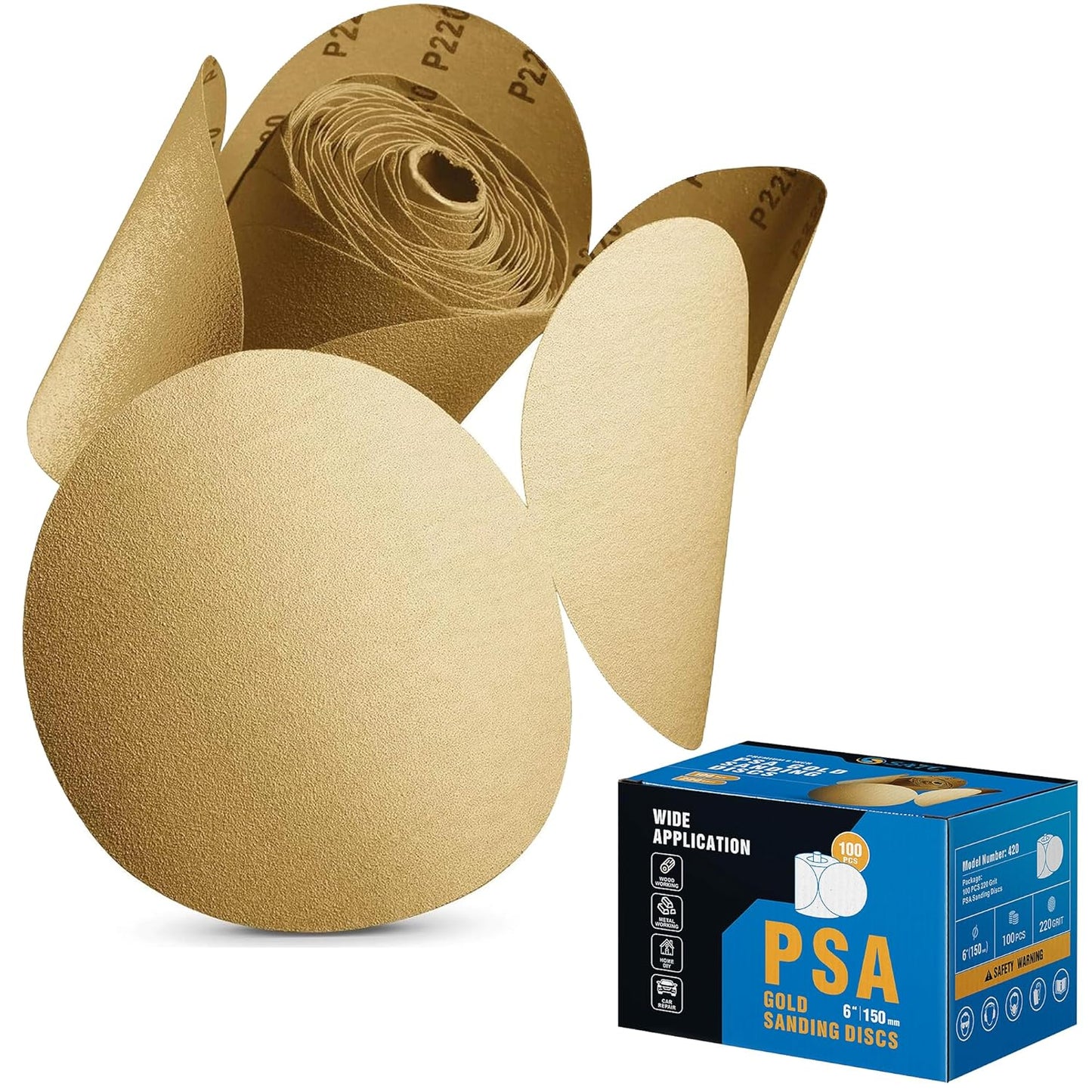 100 PCS PSA Sanding Discs 6 Inch Adhesive Backed Sandpaper 220 Grit Sander Attachment for Drill Self Stick Aluminum Oxide round Automotive Sandpaper with Sticky Back