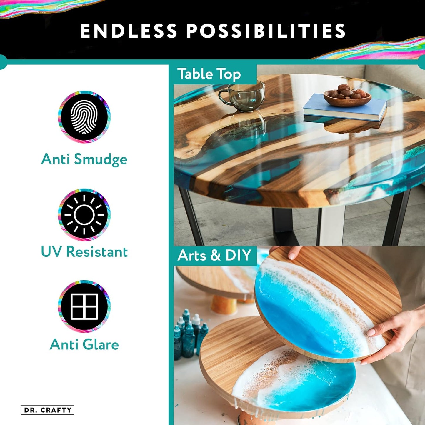 DR CRAFTY Clear Epoxy Resin - Table Top Epoxy Resin Kit - Clear Epoxy Resin for Resin Molds, Table Top, Art Resin, Craft, Jewelry Casting, DIY, Tumblers & Wood - 2 Part Resin Kit (1 Gallon)