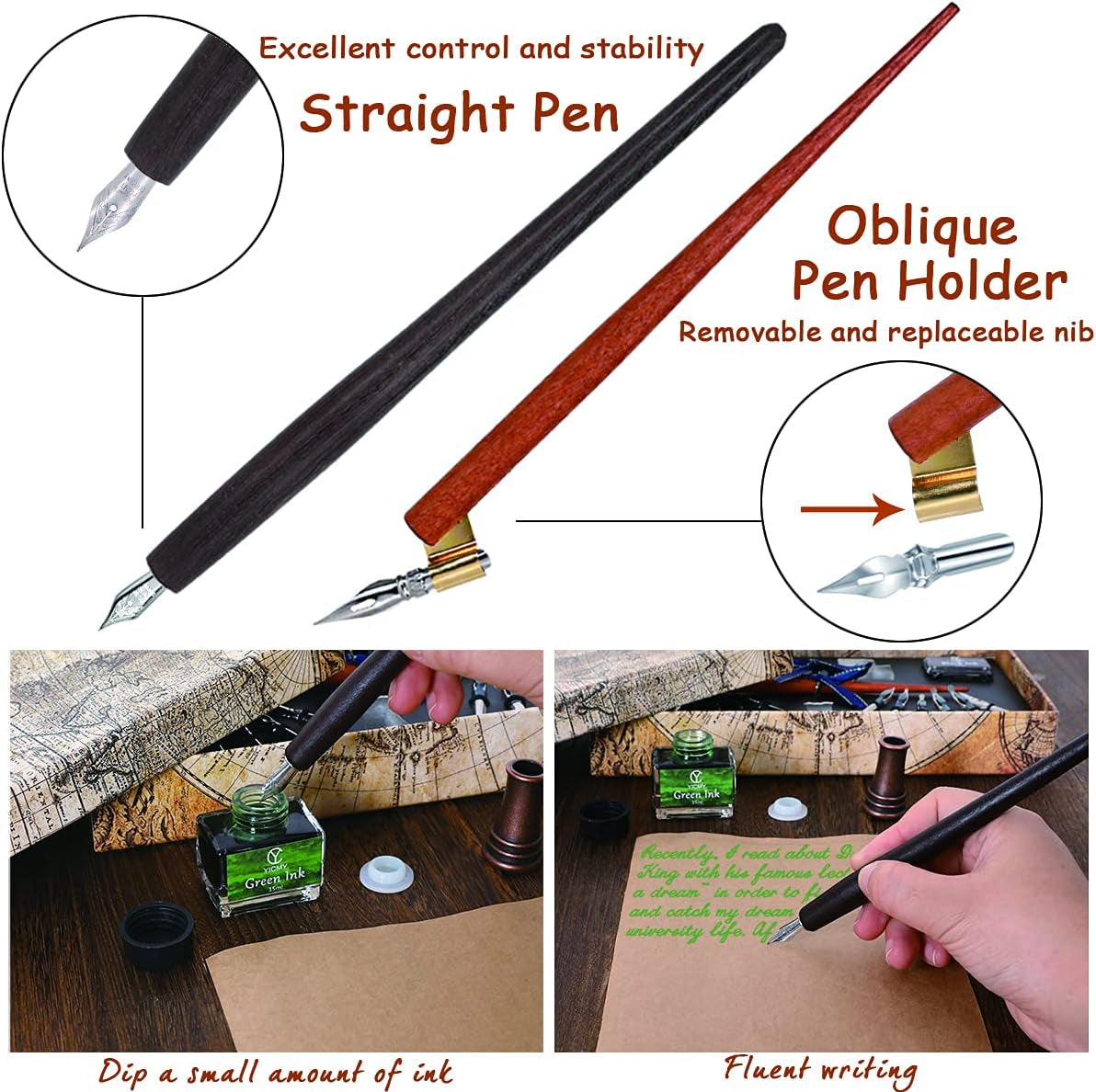 Calligraphy Pen Set,Calligraphy Set for Beginners Includes Oblique Pen Wooden Calligraphy Pen 12 Pen Nibs & 4 Different Color Inks Dip Pen Set Fountain Pen Set Retro Gift