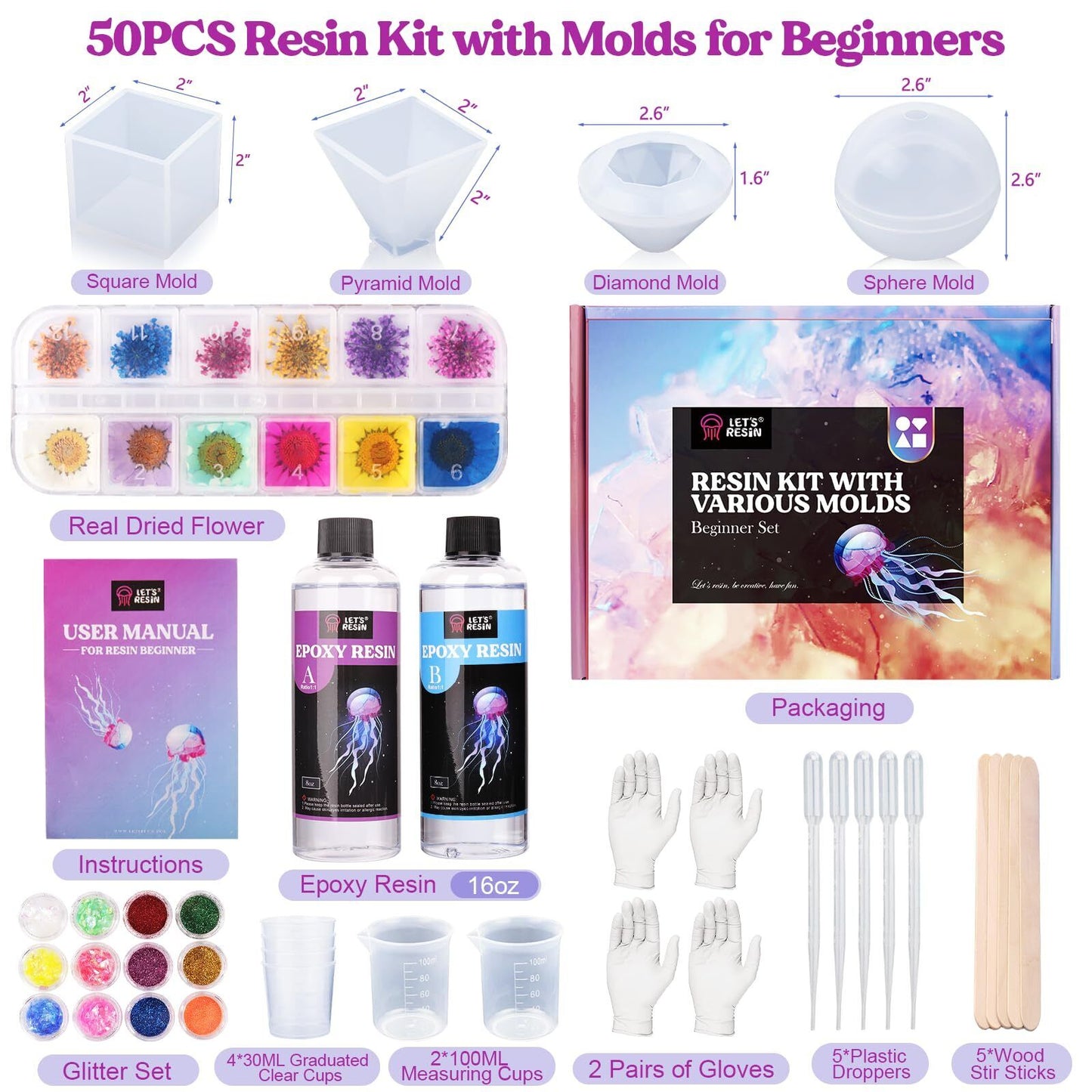 LET’S Resin 16OZ Resin Molds Silicone Kit Complete Set Bundle with Sphere, Py...