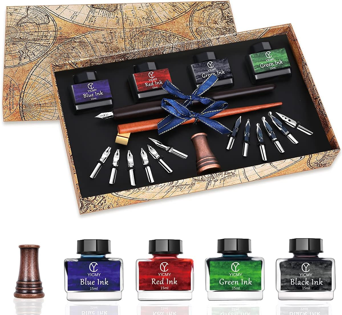 Calligraphy Pen Set,Calligraphy Set for Beginners Includes Oblique Pen Wooden Calligraphy Pen 12 Pen Nibs & 4 Different Color Inks Dip Pen Set Fountain Pen Set Retro Gift