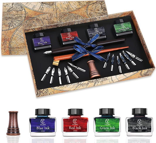 Calligraphy Pen Set,Calligraphy Set for Beginners Includes Oblique Pen Wooden Calligraphy Pen 12 Pen Nibs & 4 Different Color Inks Dip Pen Set Fountain Pen Set Retro Gift