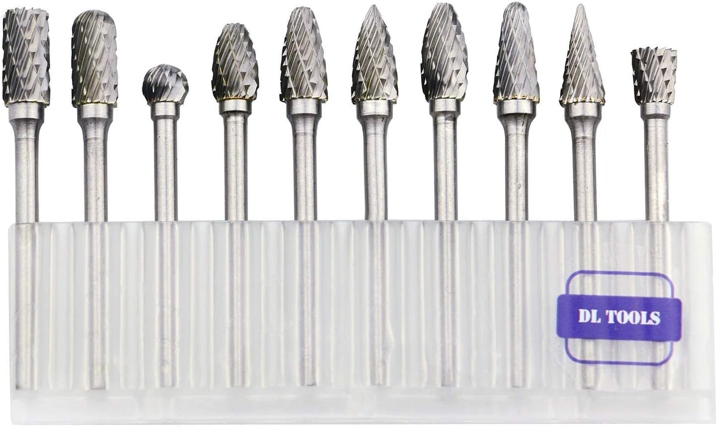 Dltools 10Pcs Double Cut Tungsten Carbide Rotary Burr Set, Metal Carving Drilling Polishing Bits with 1/8"(3.175Mm) Shank and 1/4"(6.35Mm) Head Dia for Die Grinder