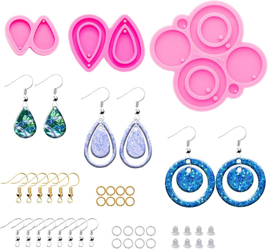 103Pcs Resin Molds Silicone Kit, 3Pcs Earring Silicone Molds for Resin Jewelry Epoxy Casting Molds, Earring Hooks and Jump Ring for DIY Unique Earring Epoxy Resin Molds, Jewellery Earring Molds