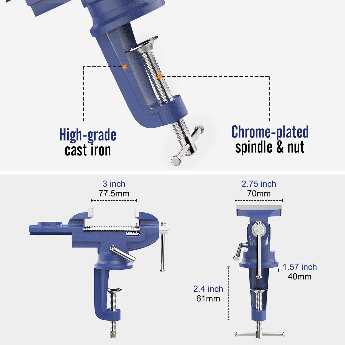 Universal Table Vise 3 Inch, 360°Swivel Base Bench Clamp Home Vise Clamp-On Vise Repair Tool Portable Work Bench Vise for Woodworking, Cutting Conduit, Drilling, Metalworking - Blue
