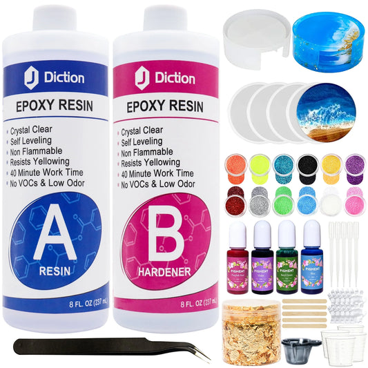 Epoxy Resin 16Oz Resin Kit with Resin Coaster Molds and Holder, Resin Pigment, Guiltter, Gold Flakes