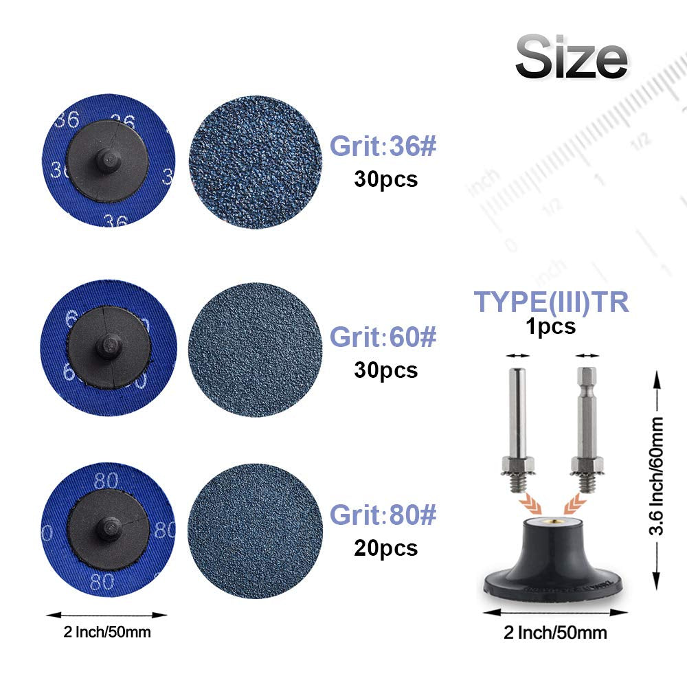 Roll Lock Disc, 80 Pcs 2 Inch Die Grinder Sanding Discs with 1/4" Disc Holder, Zirconia Coated 36/60/80 Grit for Surface Prep
