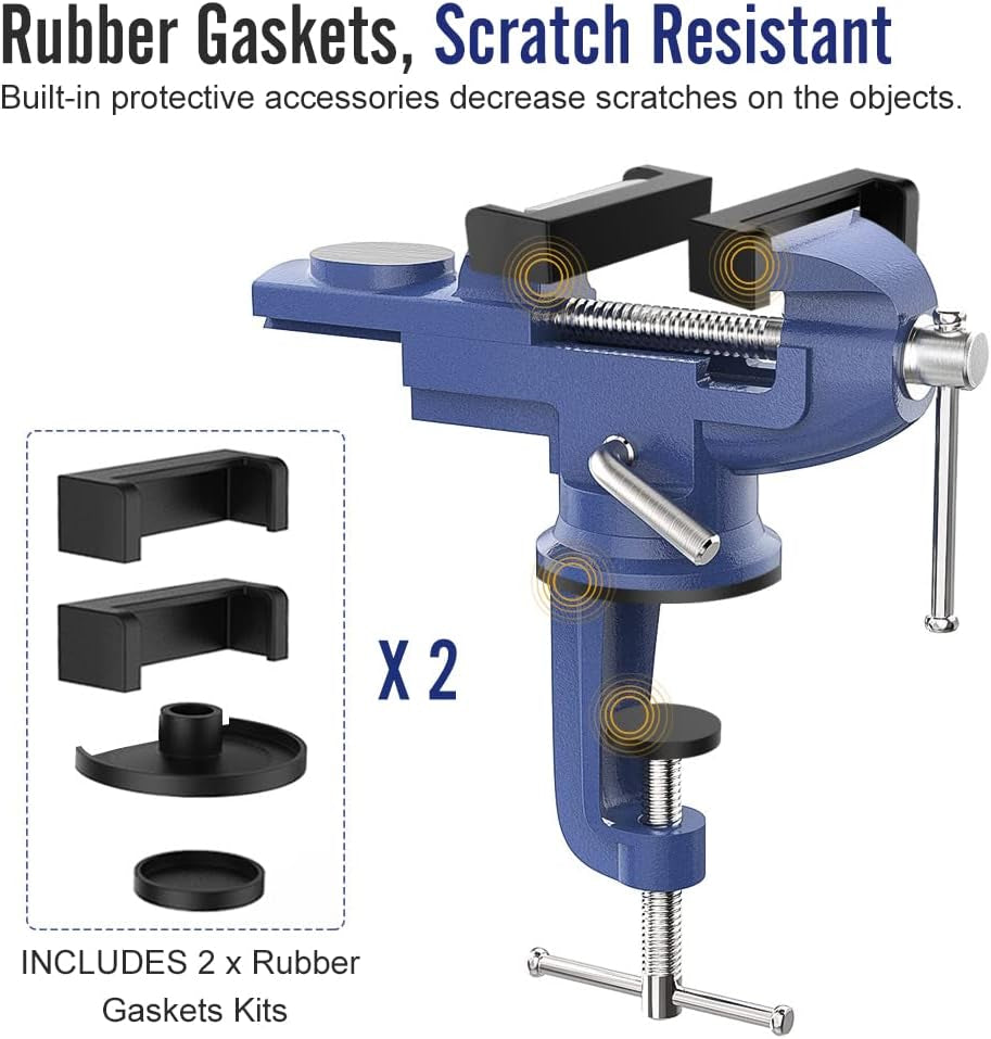 Universal Table Vise 3 Inch, 360°Swivel Base Bench Clamp Home Vise Clamp-On Vise Repair Tool Portable Work Bench Vise for Woodworking, Cutting Conduit, Drilling, Metalworking - Blue