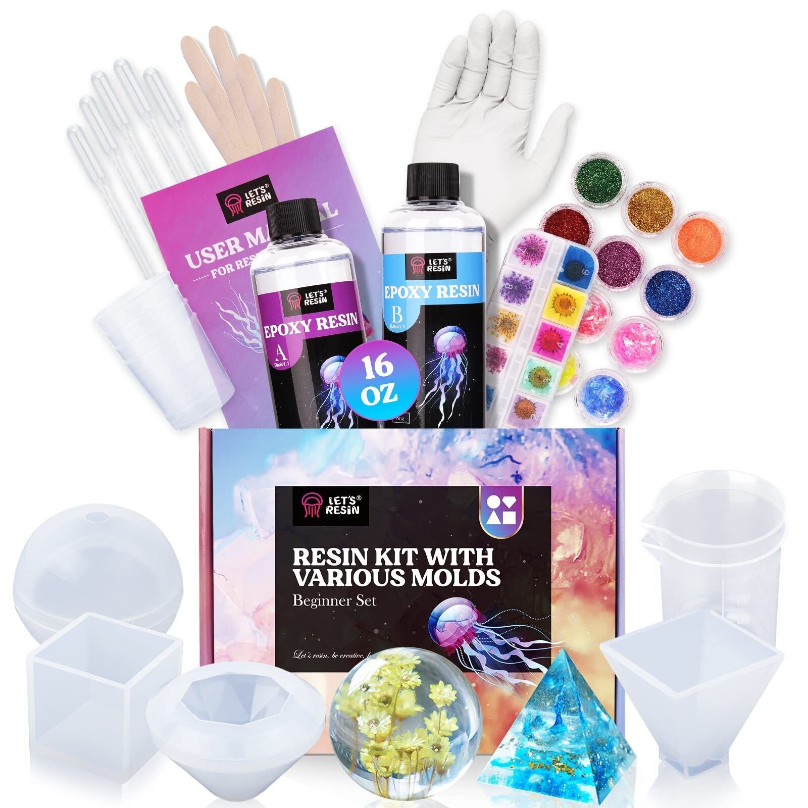 LET’S Resin 16OZ Resin Molds Silicone Kit Complete Set Bundle with Sphere, Py...