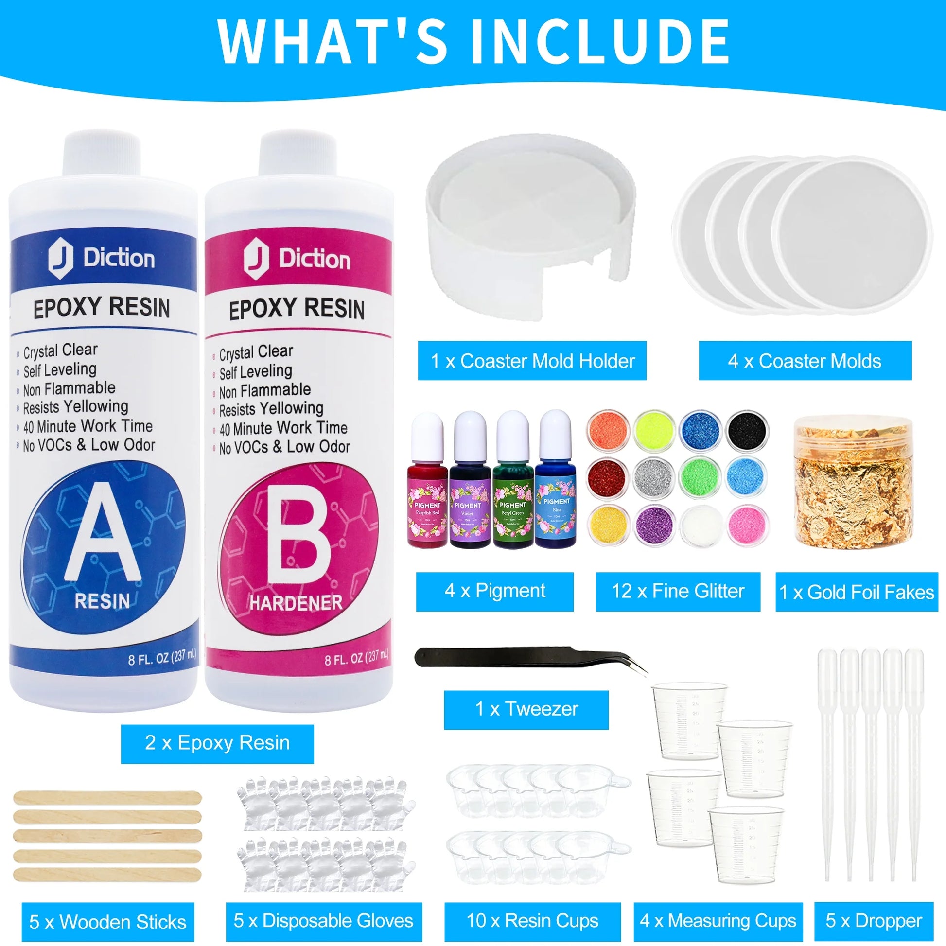 Epoxy Resin 16Oz Resin Kit with Resin Coaster Molds and Holder, Resin Pigment, Guiltter, Gold Flakes