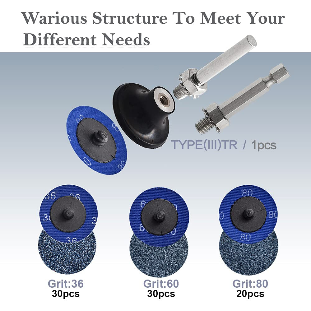 Roll Lock Disc, 80 Pcs 2 Inch Die Grinder Sanding Discs with 1/4" Disc Holder, Zirconia Coated 36/60/80 Grit for Surface Prep