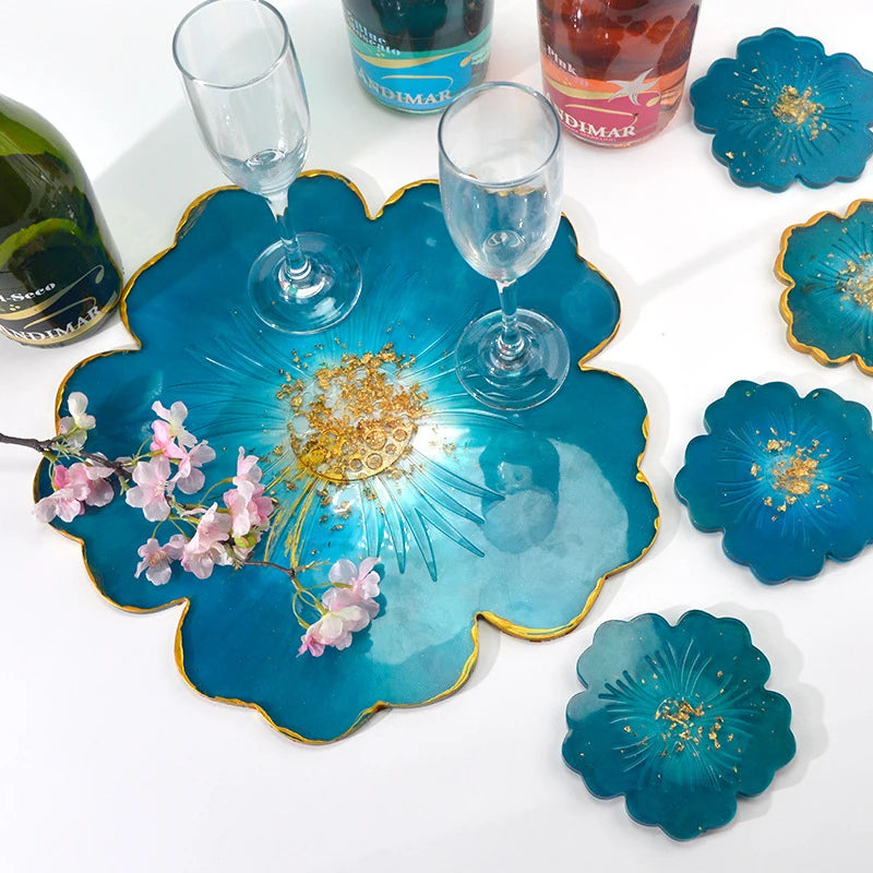 Table Wine Tray Silicon Resin Molds, 1PCS Large Resin Tray Mold and 5PCS Coaster Molds for Resin Casting