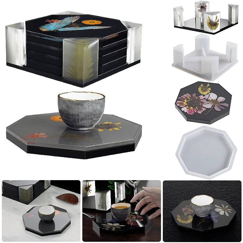 Coaster Resin Molds Silicone Coaster Molds with round Square Octagon Shape Holder Molds Coaster Silicone Molds for Epoxy Resin