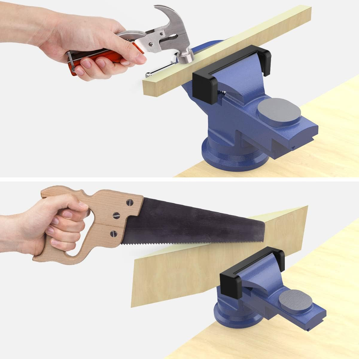 Universal Table Vise 3 Inch, 360°Swivel Base Bench Clamp Home Vise Clamp-On Vise Repair Tool Portable Work Bench Vise for Woodworking, Cutting Conduit, Drilling, Metalworking - Blue