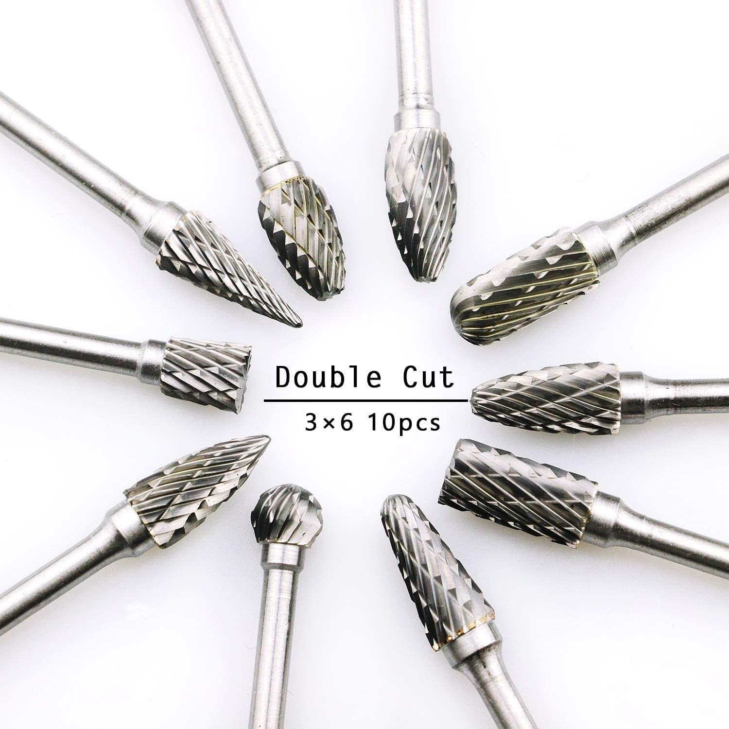 Dltools 10Pcs Double Cut Tungsten Carbide Rotary Burr Set, Metal Carving Drilling Polishing Bits with 1/8"(3.175Mm) Shank and 1/4"(6.35Mm) Head Dia for Die Grinder