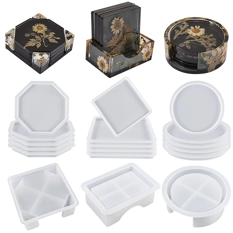 Coaster Resin Molds Silicone Coaster Molds with round Square Octagon Shape Holder Molds Coaster Silicone Molds for Epoxy Resin